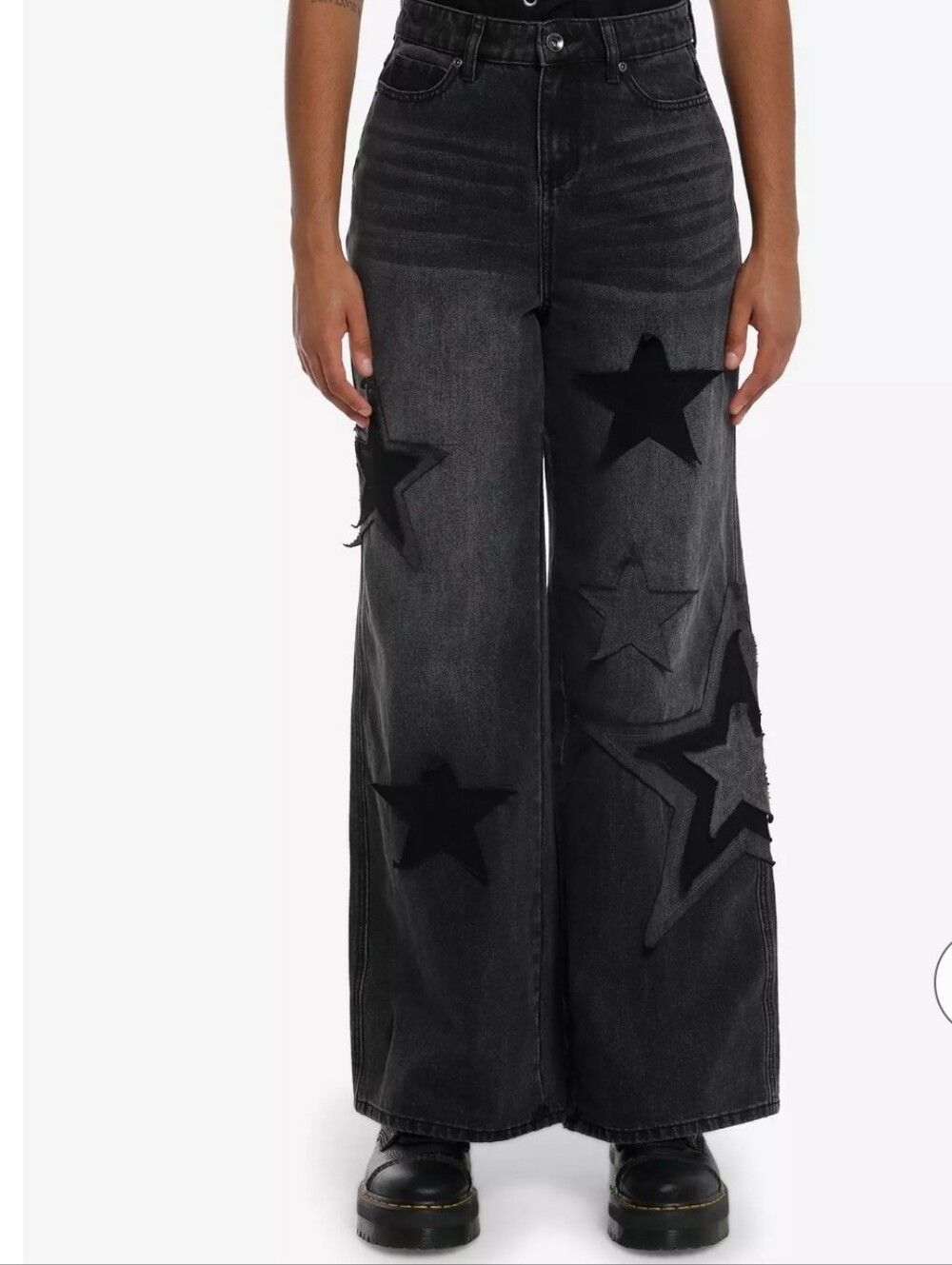 Hot Topic Black Wash Star Patch Wide Leg Jeans 7